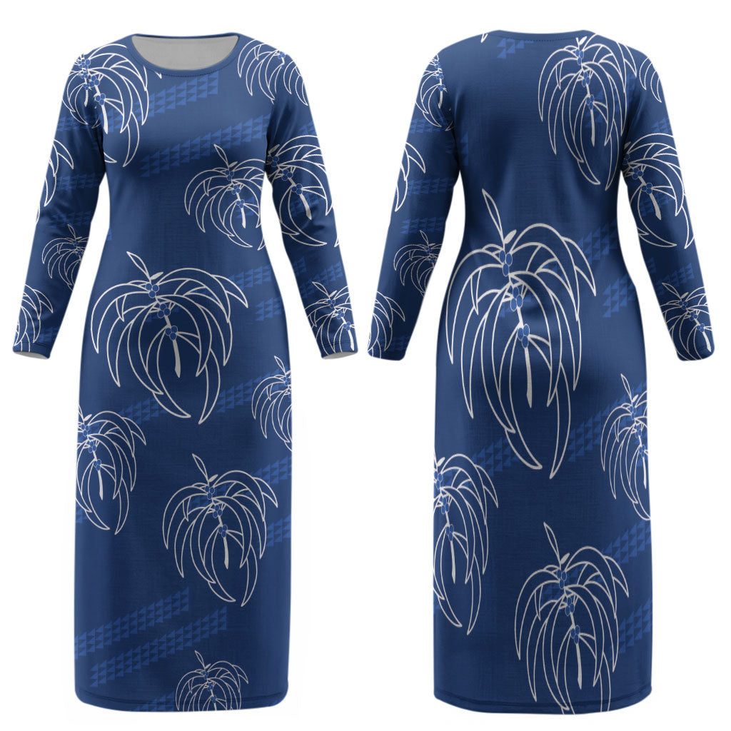 Aloha Hawaii Acacia Koa Leaves Family Matching Long Sleeve Bodycon Dress and Hawaiian Shirt Navy Kakau Tribal Pattern