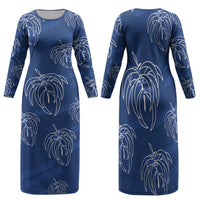 Aloha Hawaii Acacia Koa Leaves Family Matching Long Sleeve Bodycon Dress and Hawaiian Shirt Navy Kakau Tribal Pattern