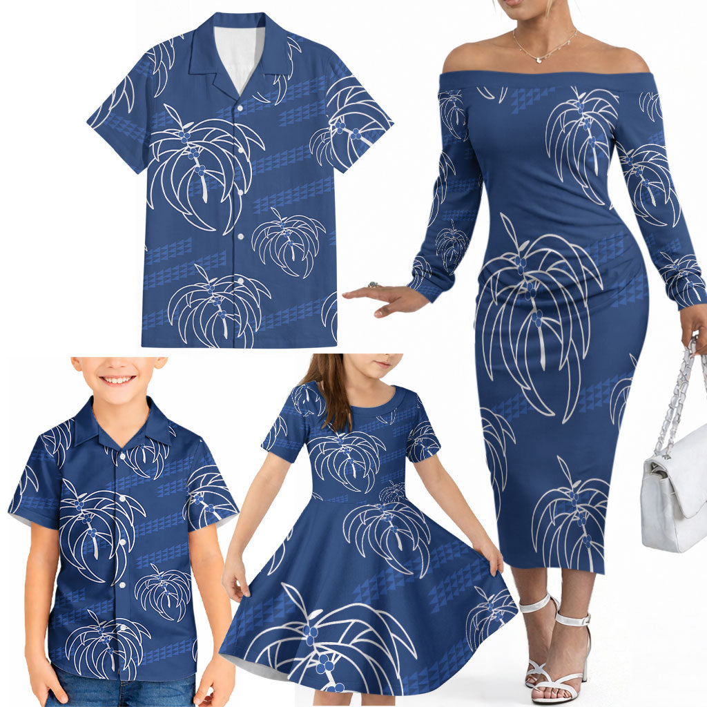 Aloha Hawaii Acacia Koa Leaves Family Matching Off The Shoulder Long Sleeve Dress and Hawaiian Shirt Navy Kakau Tribal Pattern