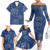 Aloha Hawaii Acacia Koa Leaves Family Matching Off The Shoulder Long Sleeve Dress and Hawaiian Shirt Navy Kakau Tribal Pattern