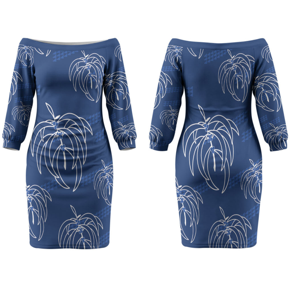 Aloha Hawaii Acacia Koa Leaves Family Matching Off The Shoulder Long Sleeve Dress and Hawaiian Shirt Navy Kakau Tribal Pattern