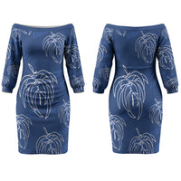 Aloha Hawaii Acacia Koa Leaves Family Matching Off The Shoulder Long Sleeve Dress and Hawaiian Shirt Navy Kakau Tribal Pattern