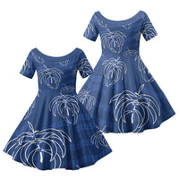 Aloha Hawaii Acacia Koa Leaves Family Matching Off The Shoulder Long Sleeve Dress and Hawaiian Shirt Navy Kakau Tribal Pattern