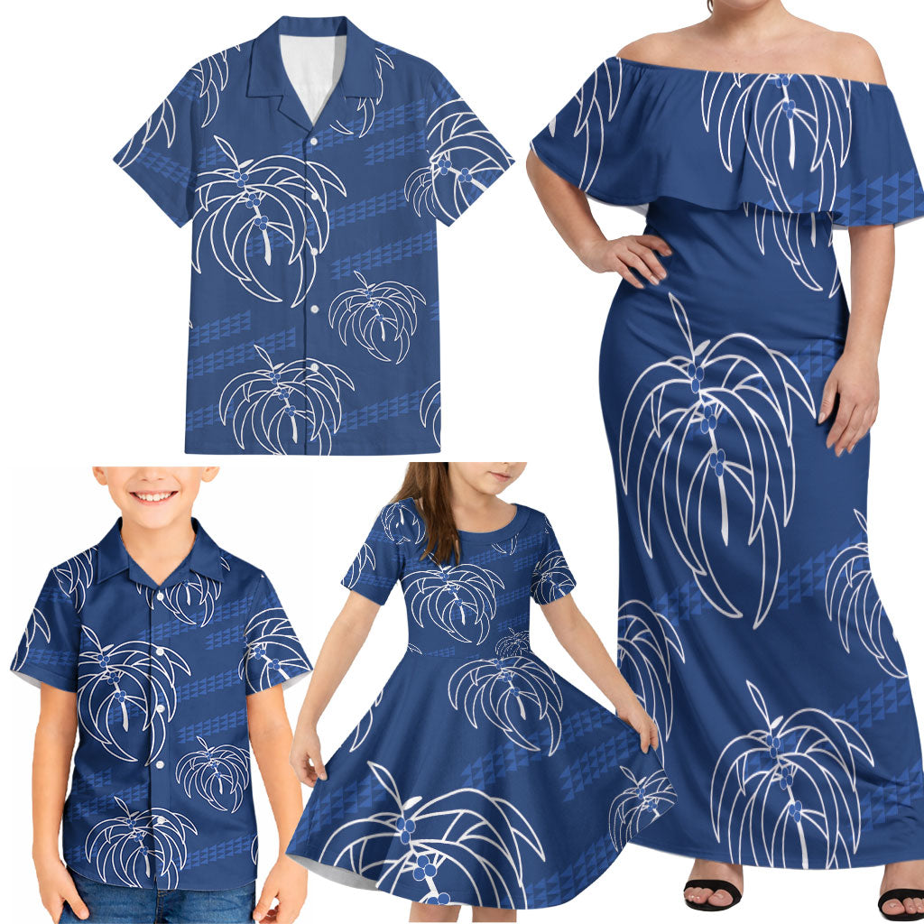 Aloha Hawaii Acacia Koa Leaves Family Matching Off Shoulder Maxi Dress and Hawaiian Shirt Navy Kakau Tribal Pattern
