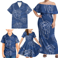 Aloha Hawaii Acacia Koa Leaves Family Matching Off Shoulder Maxi Dress and Hawaiian Shirt Navy Kakau Tribal Pattern