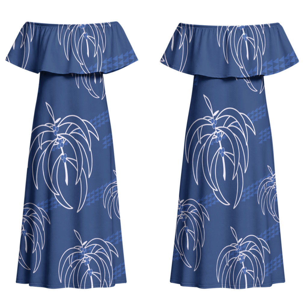 Aloha Hawaii Acacia Koa Leaves Family Matching Off Shoulder Maxi Dress and Hawaiian Shirt Navy Kakau Tribal Pattern