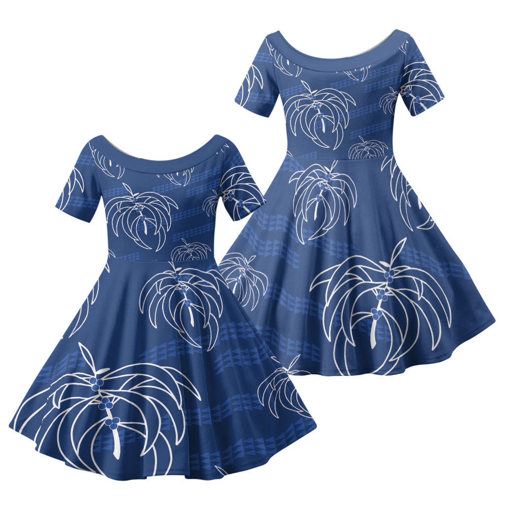 Aloha Hawaii Acacia Koa Leaves Family Matching Off Shoulder Short Dress and Hawaiian Shirt Navy Kakau Tribal Pattern LT05 Daughter's Dress Navy - Polynesian Pride