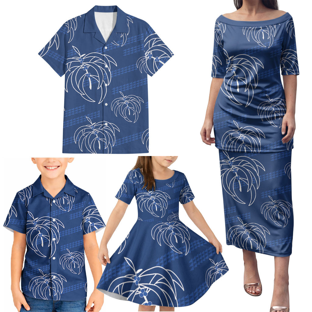 Aloha Hawaii Acacia Koa Leaves Family Matching Puletasi and Hawaiian Shirt Navy Kakau Tribal Pattern