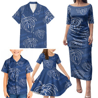 Aloha Hawaii Acacia Koa Leaves Family Matching Puletasi and Hawaiian Shirt Navy Kakau Tribal Pattern