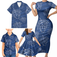 Aloha Hawaii Acacia Koa Leaves Family Matching Short Sleeve Bodycon Dress and Hawaiian Shirt Navy Kakau Tribal Pattern
