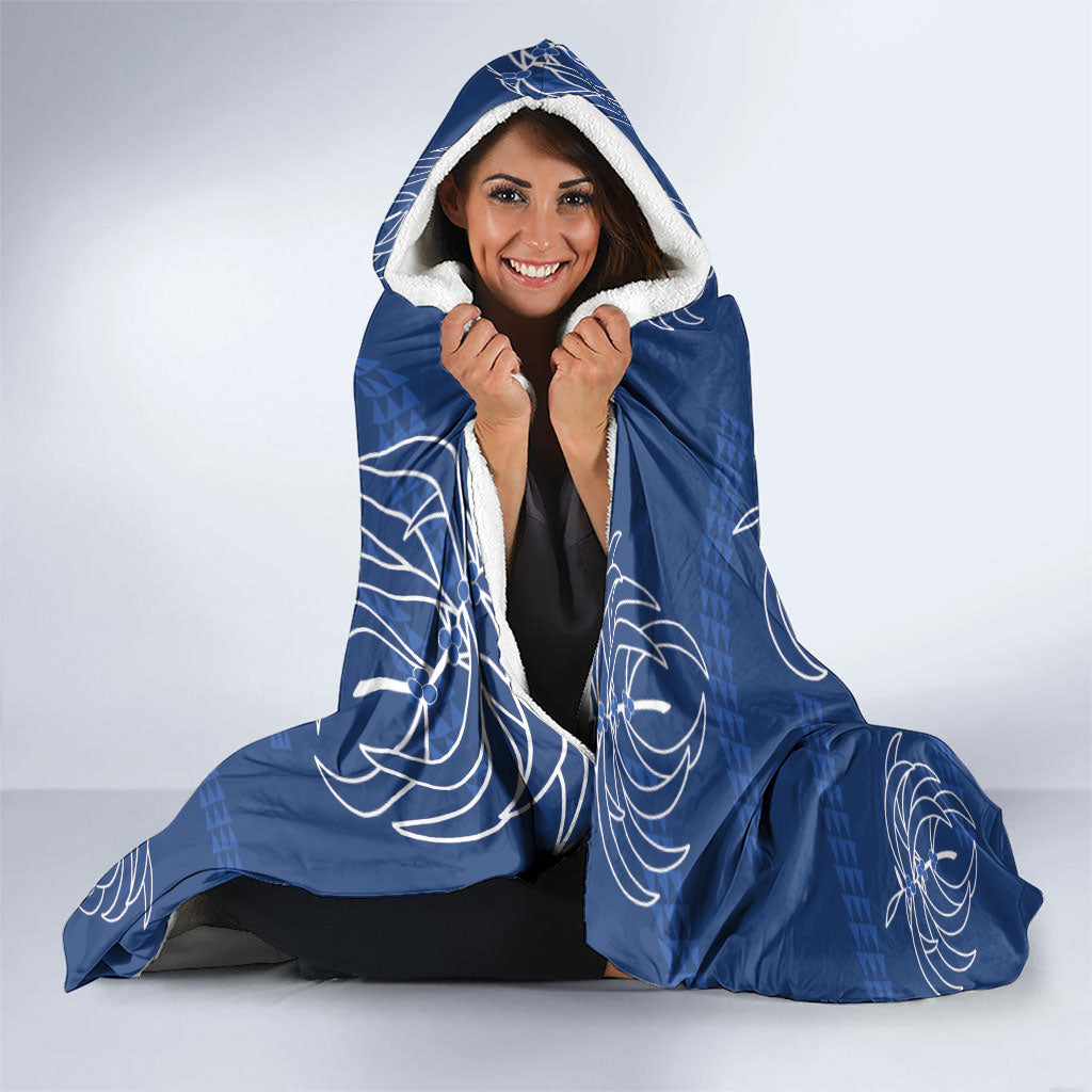 Aloha Hawaii Acacia Koa Leaves Hooded Blanket Navy Kakau Tribal Pattern