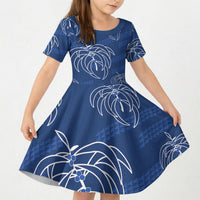 Aloha Hawaii Acacia Koa Leaves Kid Short Sleeve Dress Navy Kakau Tribal Pattern