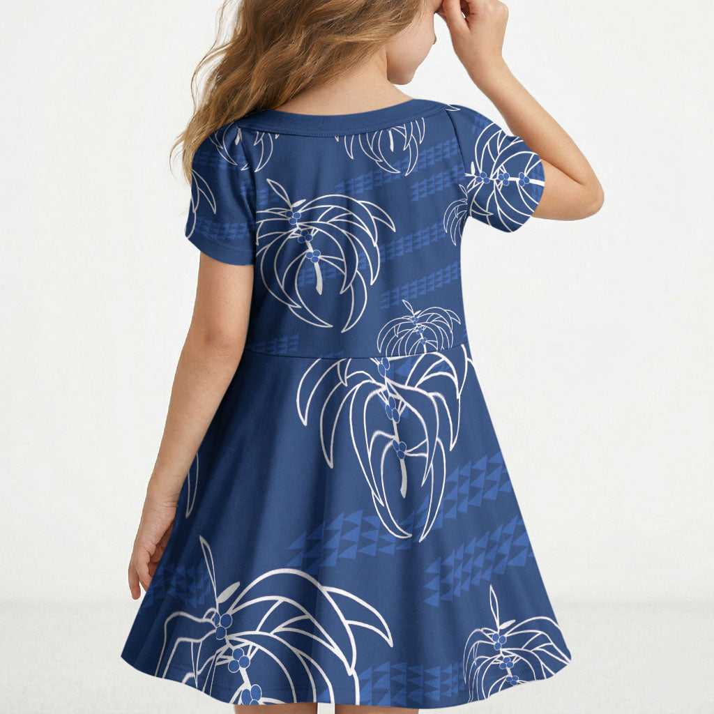 Aloha Hawaii Acacia Koa Leaves Kid Short Sleeve Dress Navy Kakau Tribal Pattern