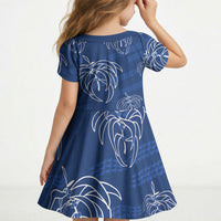 Aloha Hawaii Acacia Koa Leaves Kid Short Sleeve Dress Navy Kakau Tribal Pattern