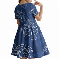 Aloha Hawaii Acacia Koa Leaves Kid Short Sleeve Dress Navy Kakau Tribal Pattern