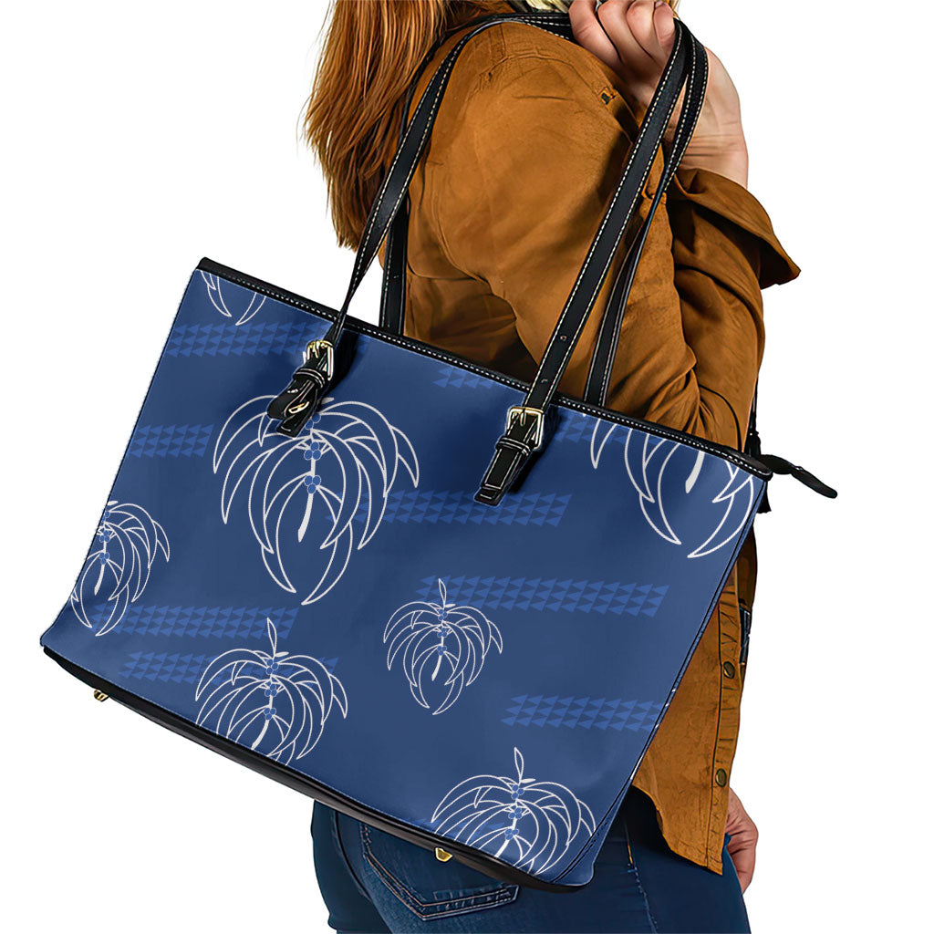 Aloha Hawaii Acacia Koa Leaves Leather Tote Bag Navy Kakau Tribal Pattern