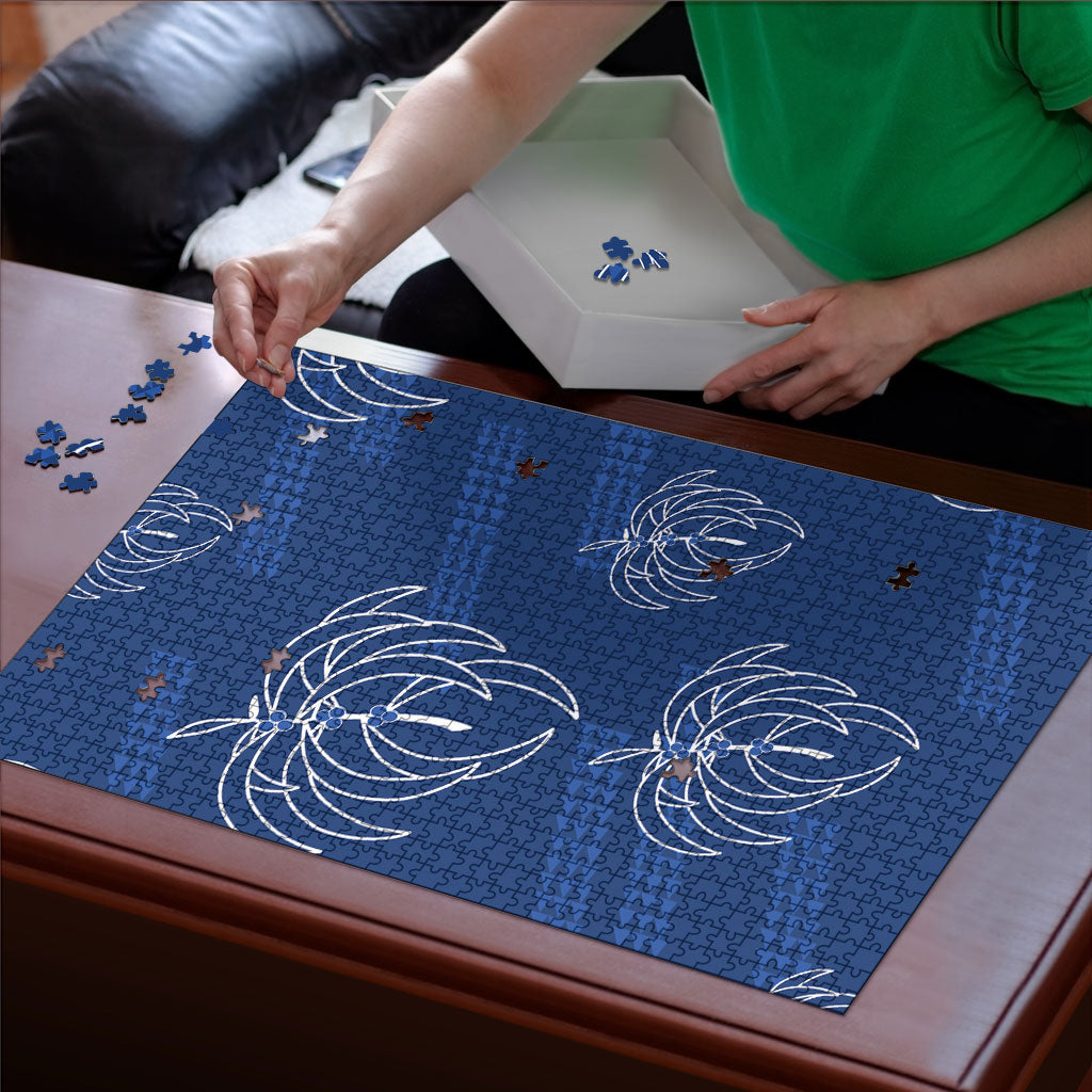 Aloha Hawaii Acacia Koa Leaves Puzzle Navy Kakau Tribal Pattern