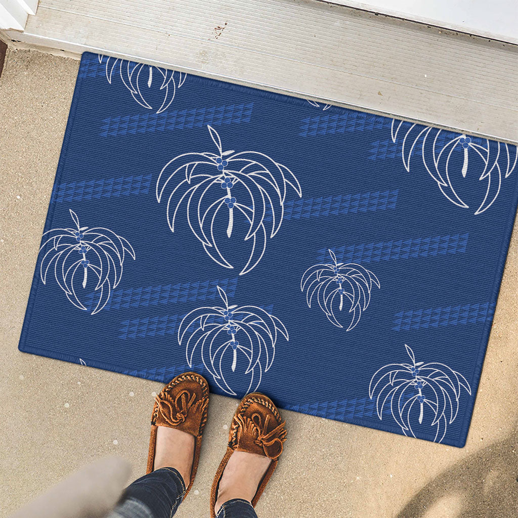 Aloha Hawaii Acacia Koa Leaves Rubber Doormat Navy Kakau Tribal Pattern