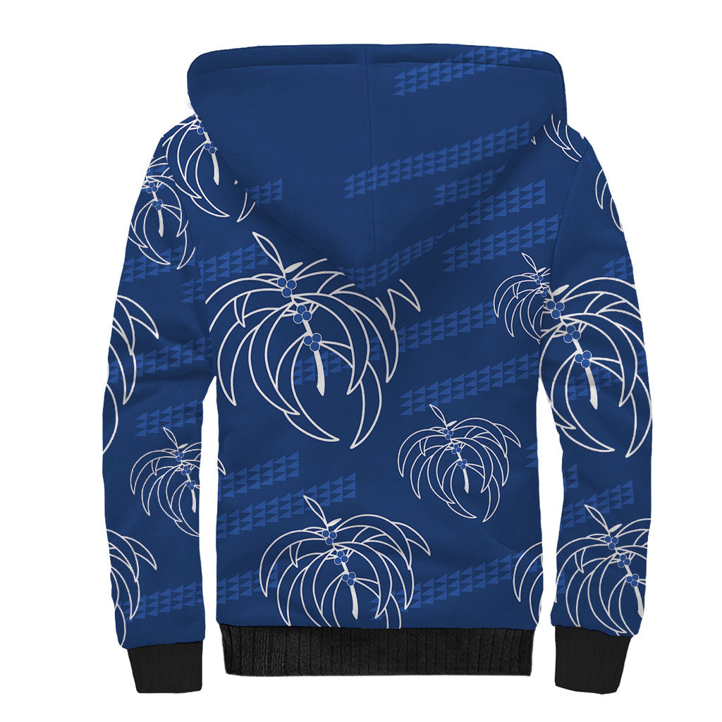 Aloha Hawaii Acacia Koa Leaves Sherpa Hoodie Navy Kakau Tribal Pattern