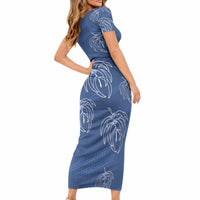 Aloha Hawaii Acacia Koa Leaves Short Sleeve Bodycon Dress Navy Kakau Tribal Pattern LT05 - Polynesian Pride