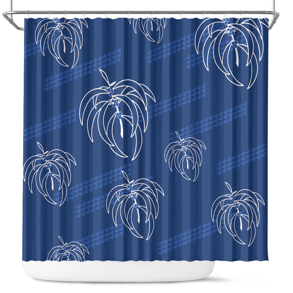 Aloha Hawaii Acacia Koa Leaves Shower Curtain Navy Kakau Tribal Pattern
