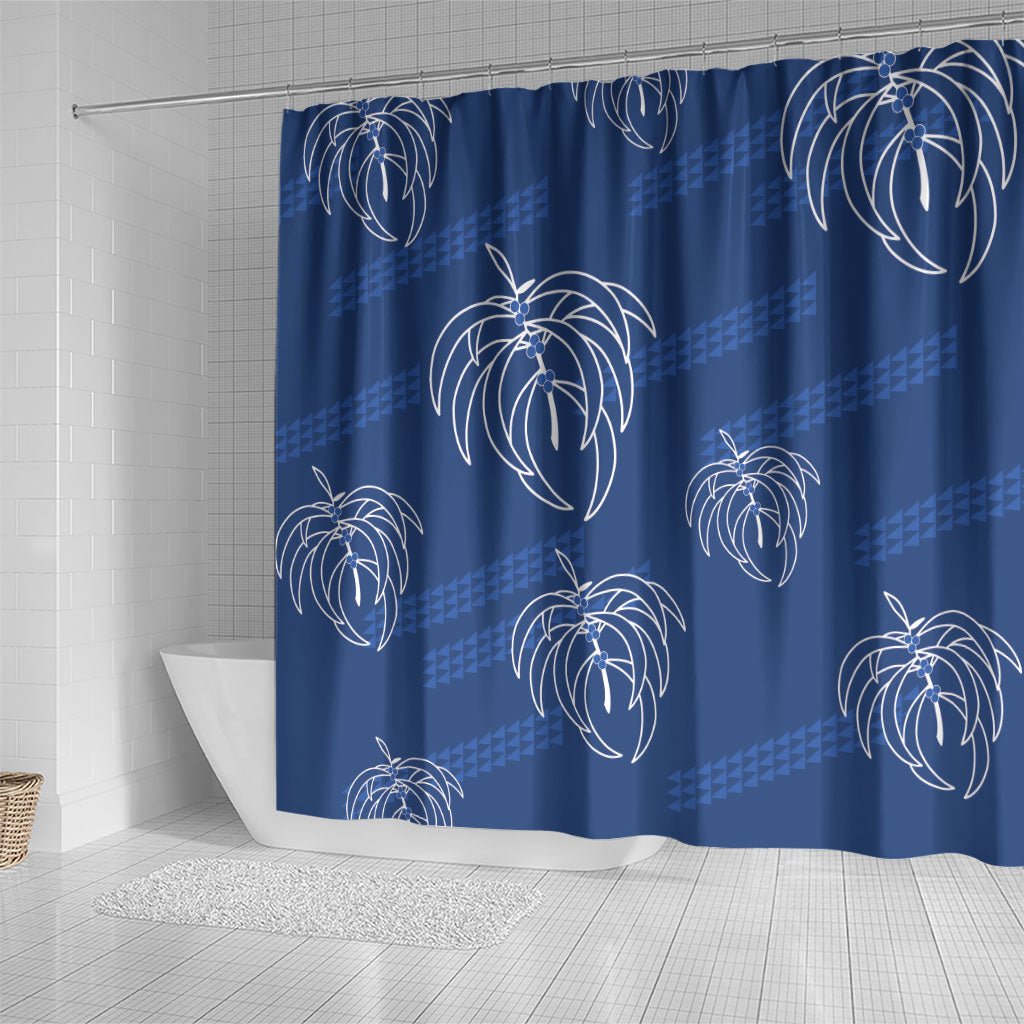 Aloha Hawaii Acacia Koa Leaves Shower Curtain Navy Kakau Tribal Pattern