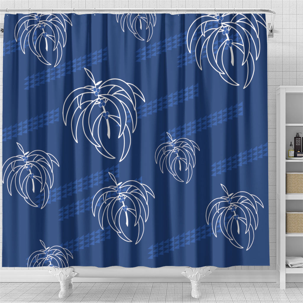Aloha Hawaii Acacia Koa Leaves Shower Curtain Navy Kakau Tribal Pattern