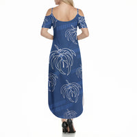 Aloha Hawaii Acacia Koa Leaves Summer Maxi Dress Navy Kakau Tribal Pattern