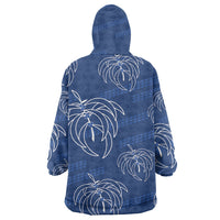 Aloha Hawaii Acacia Koa Leaves Wearable Blanket Hoodie Navy Kakau Tribal Pattern