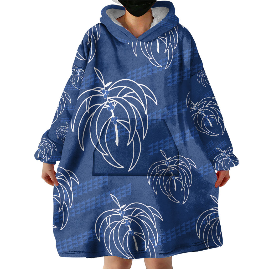 Aloha Hawaii Acacia Koa Leaves Wearable Blanket Hoodie Navy Kakau Tribal Pattern