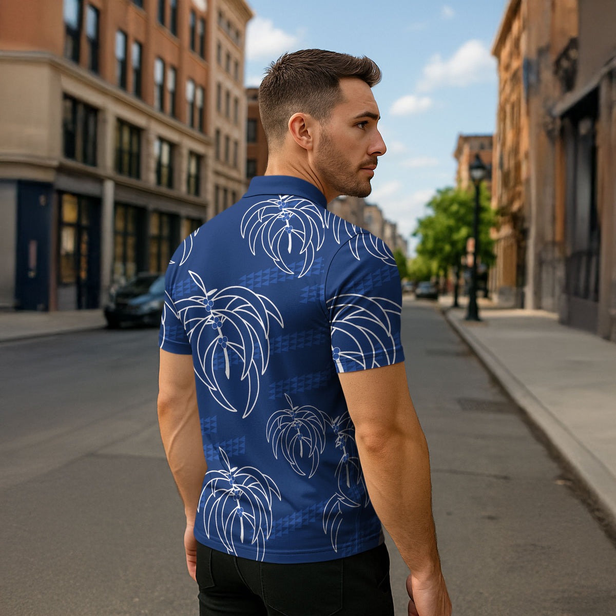Aloha Hawaii Acacia Koa Leaves Zipper Polo Shirt Navy Kakau Tribal Pattern LT05 - Polynesian Pride
