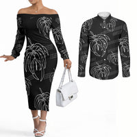 Aloha Hawaii Acacia Koa Leaves Couples Matching Off The Shoulder Long Sleeve Dress and Long Sleeve Button Shirt Black Kakau Tribal Pattern LT05 Black - Polynesian Pride