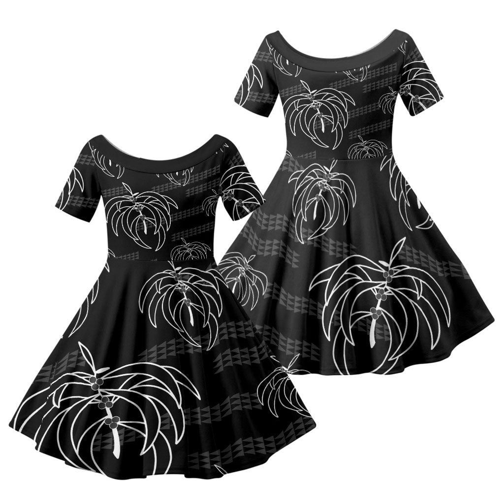 Aloha Hawaii Acacia Koa Leaves Family Matching Puletasi and Hawaiian Shirt Black Kakau Tribal Pattern LT05 Daughter's Dress Black - Polynesian Pride