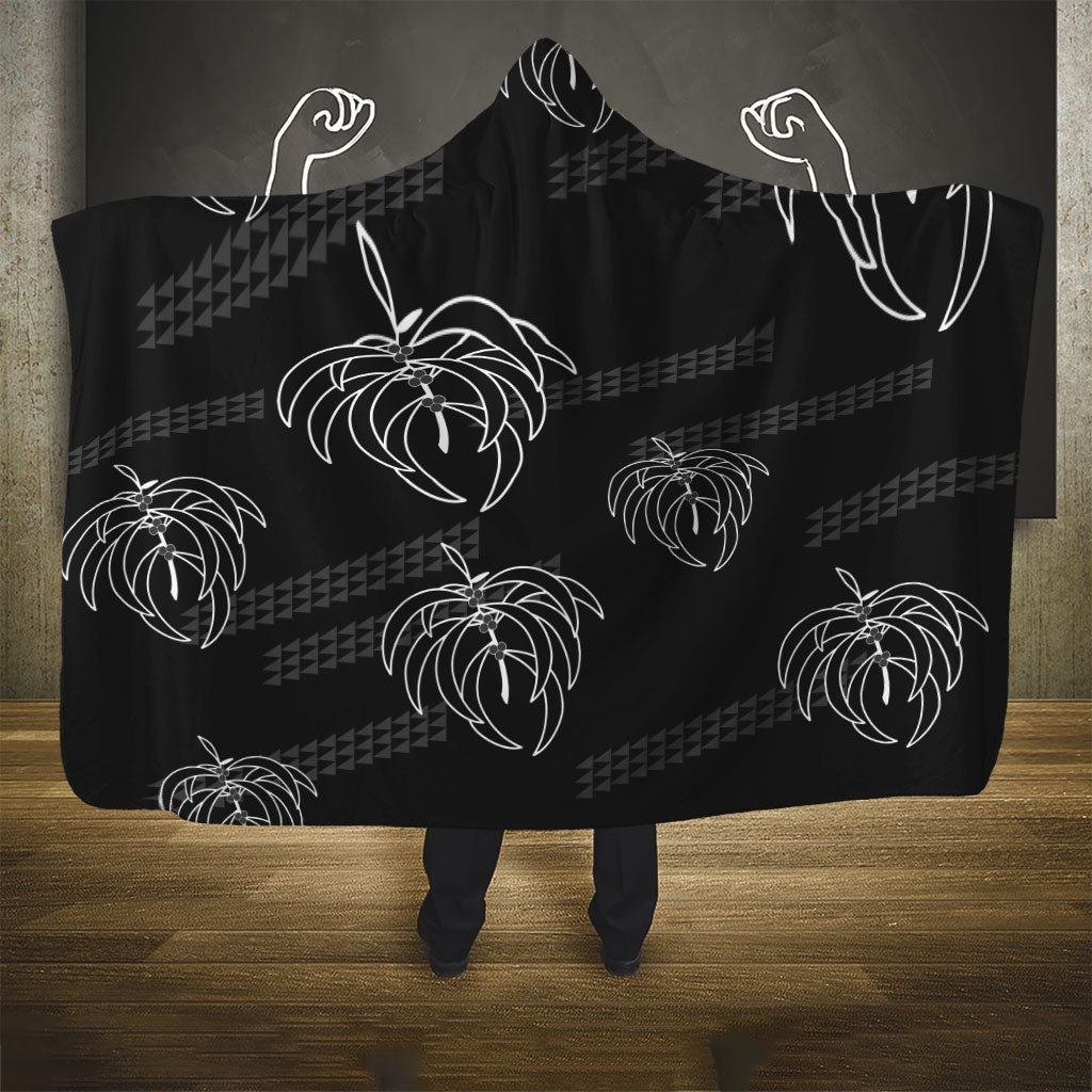 Aloha Hawaii Acacia Koa Leaves Hooded Blanket Black Kakau Tribal Pattern