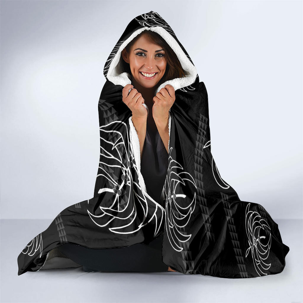 Aloha Hawaii Acacia Koa Leaves Hooded Blanket Black Kakau Tribal Pattern