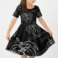 Aloha Hawaii Acacia Koa Leaves Kid Short Sleeve Dress Black Kakau Tribal Pattern