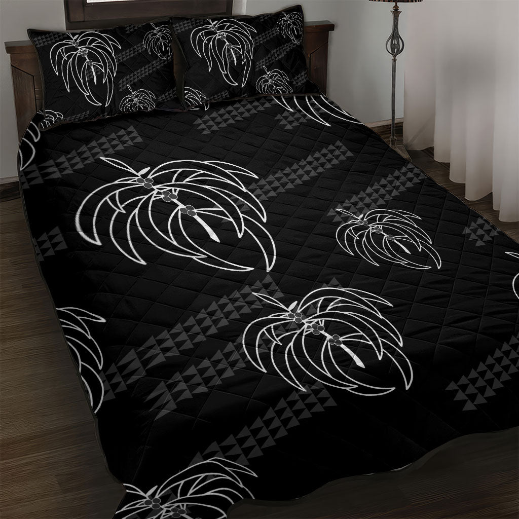 Aloha Hawaii Acacia Koa Leaves Quilt Bed Set Black Kakau Tribal Pattern