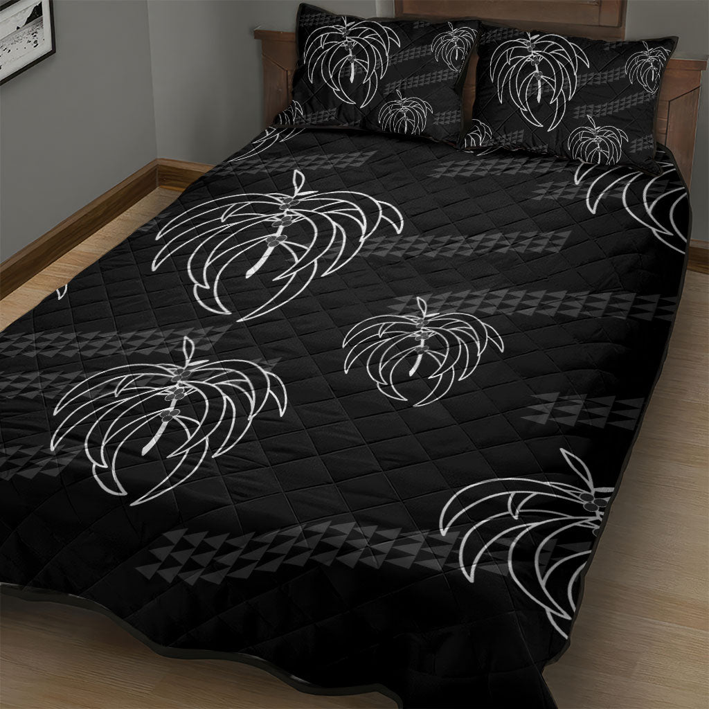 Aloha Hawaii Acacia Koa Leaves Quilt Bed Set Black Kakau Tribal Pattern