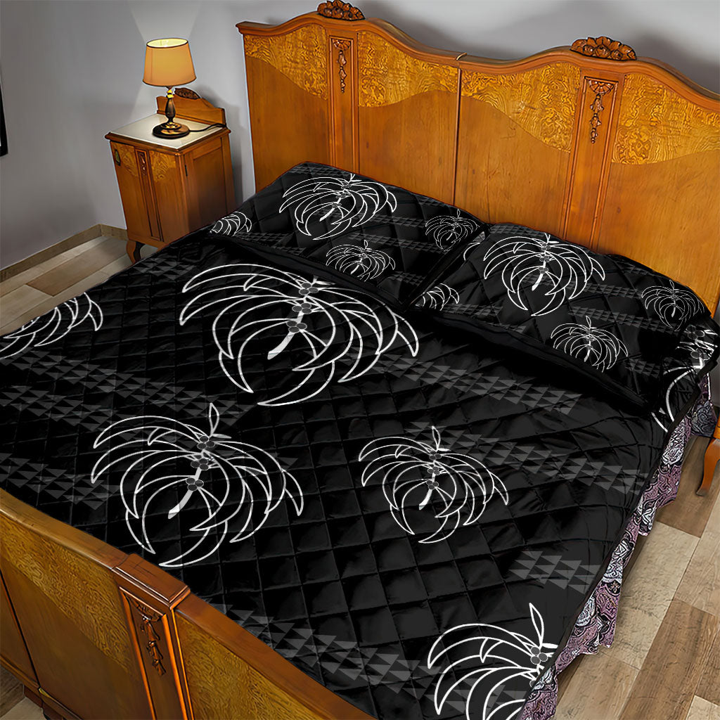 Aloha Hawaii Acacia Koa Leaves Quilt Bed Set Black Kakau Tribal Pattern