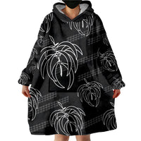 Aloha Hawaii Acacia Koa Leaves Wearable Blanket Hoodie Black Kakau Tribal Pattern
