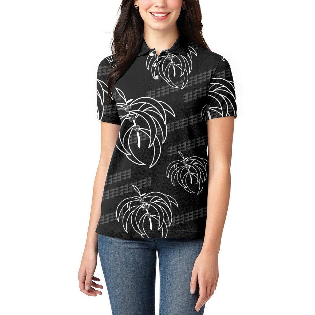 Aloha Hawaii Acacia Koa Leaves Women Polo Shirt Black Kakau Tribal Pattern