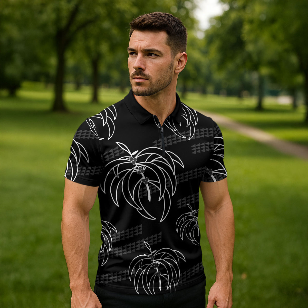 Aloha Hawaii Acacia Koa Leaves Zipper Polo Shirt Black Kakau Tribal Pattern