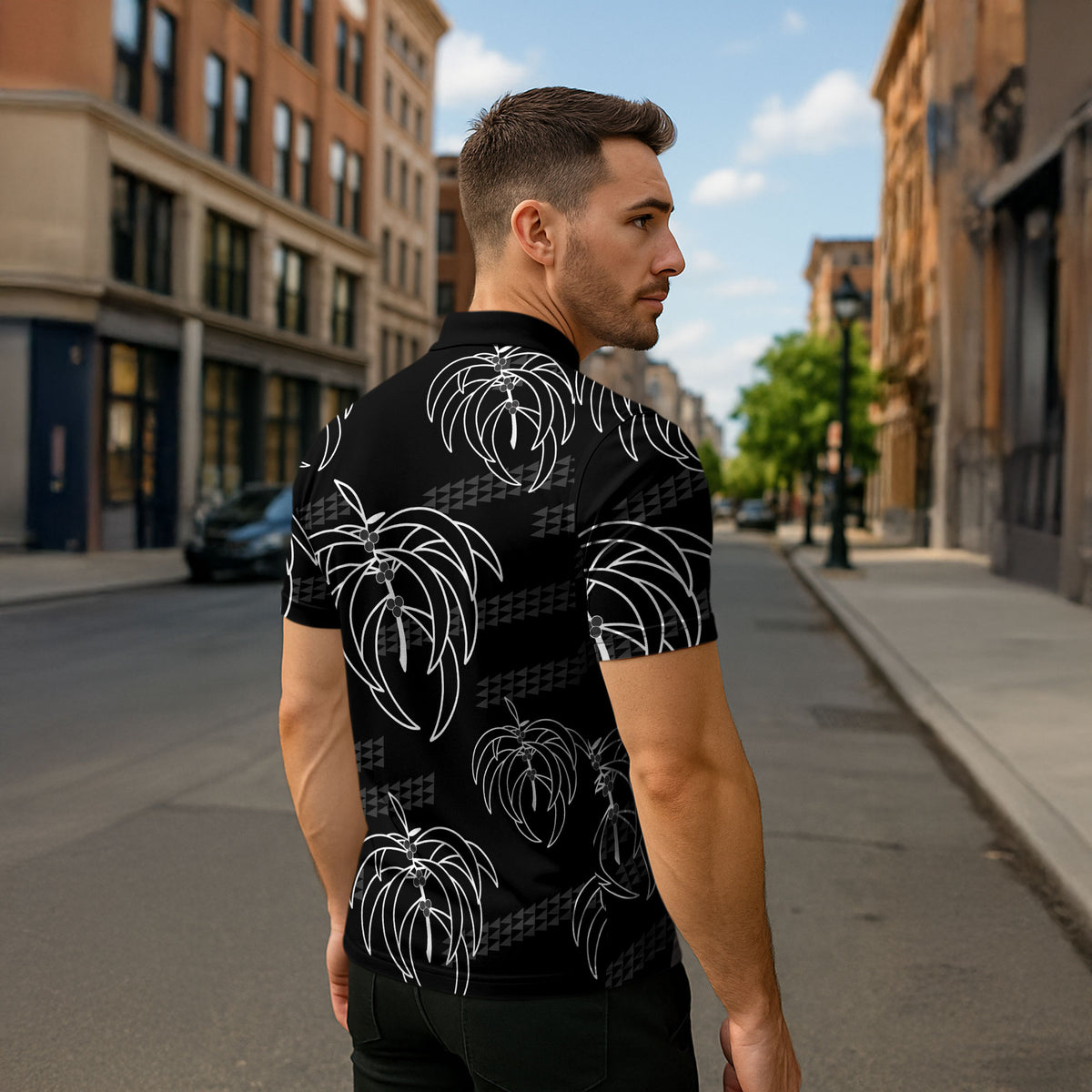Aloha Hawaii Acacia Koa Leaves Zipper Polo Shirt Black Kakau Tribal Pattern