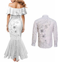 Lotu Tamaiti Samoa Couples Matching Mermaid Dress and Long Sleeve Button Shirt White Sunday Polynesian Tribal Pattern Elegant Style