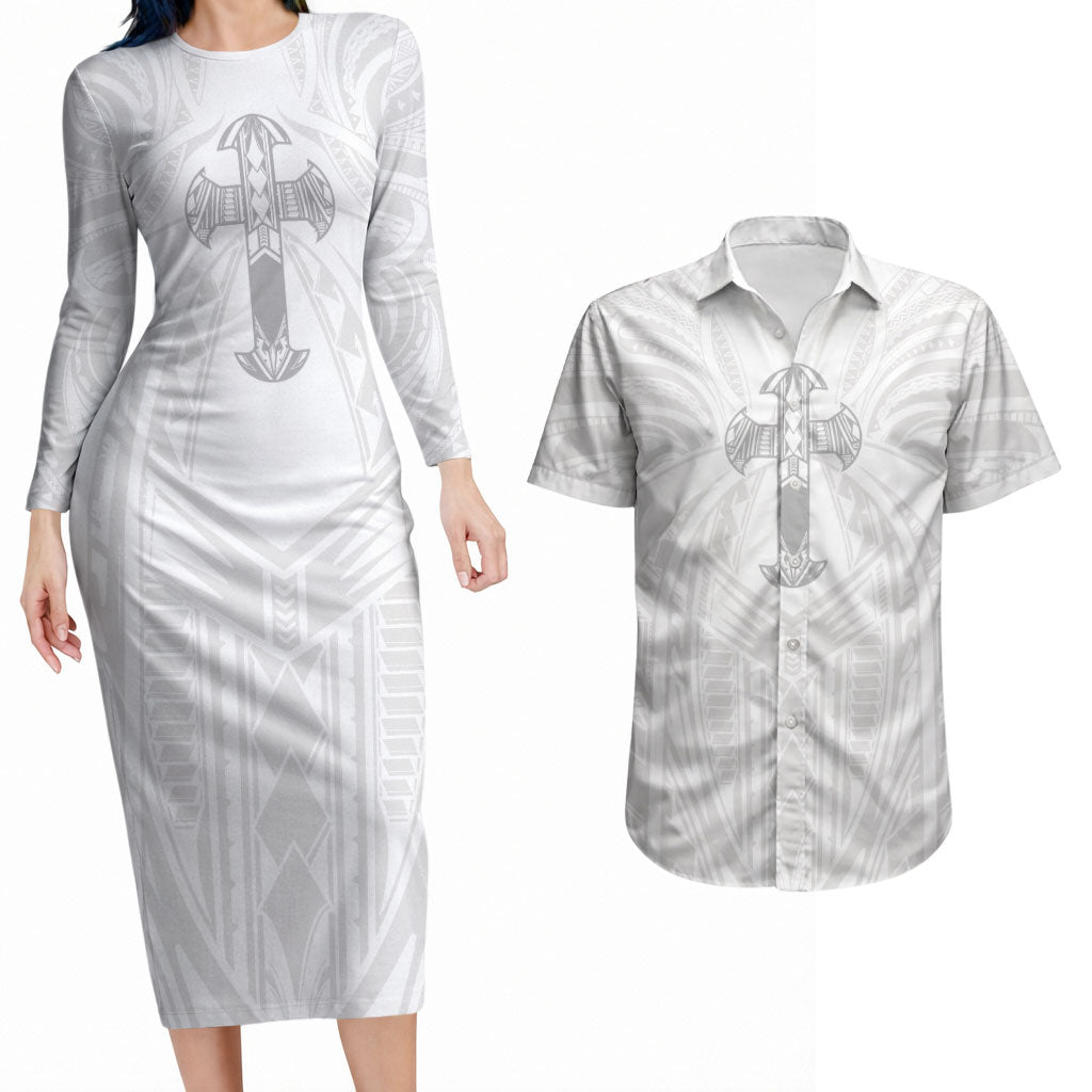 Samoa Christian Couples Matching Long Sleeve Bodycon Dress and Hawaiian Shirt Rooted In Christ Polynesian Cross