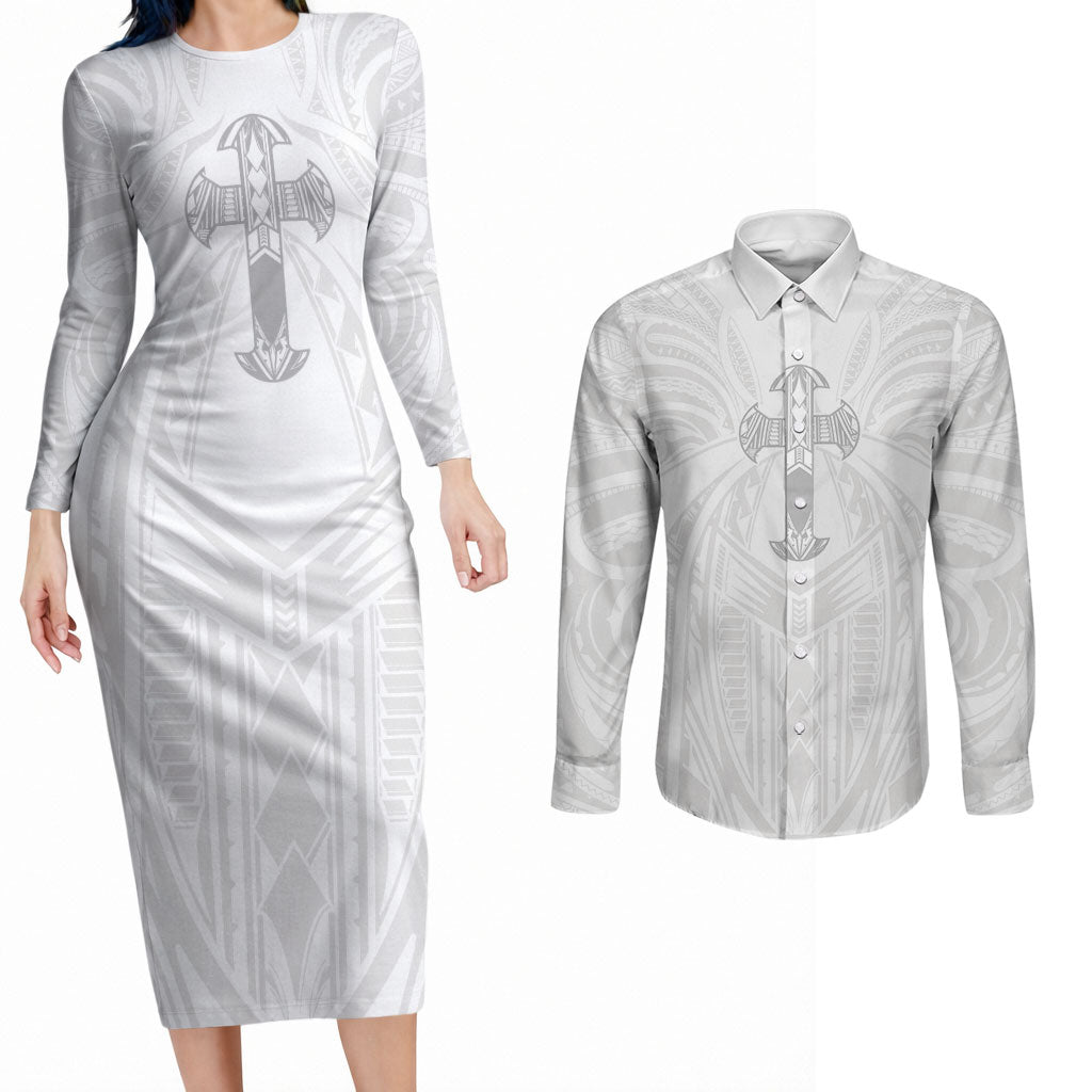 Samoa Christian Couples Matching Long Sleeve Bodycon Dress and Long Sleeve Button Shirt Rooted In Christ Polynesian Cross