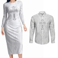 Samoa Christian Couples Matching Long Sleeve Bodycon Dress and Long Sleeve Button Shirt Rooted In Christ Polynesian Cross