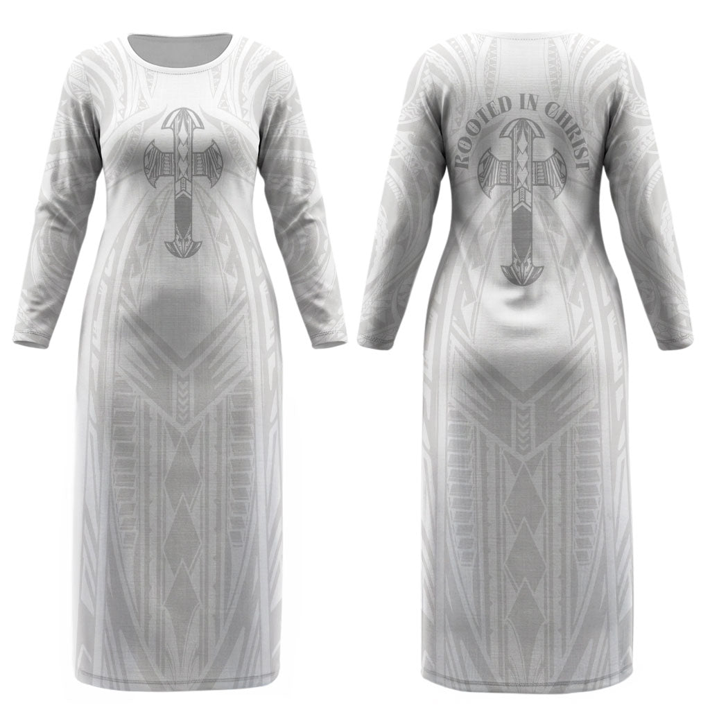 Samoa Christian Couples Matching Long Sleeve Bodycon Dress and Long Sleeve Button Shirt Rooted In Christ Polynesian Cross
