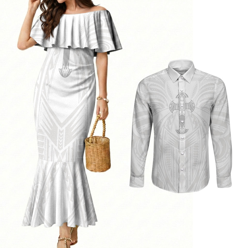Samoa Christian Couples Matching Mermaid Dress and Long Sleeve Button Shirt Rooted In Christ Polynesian Cross