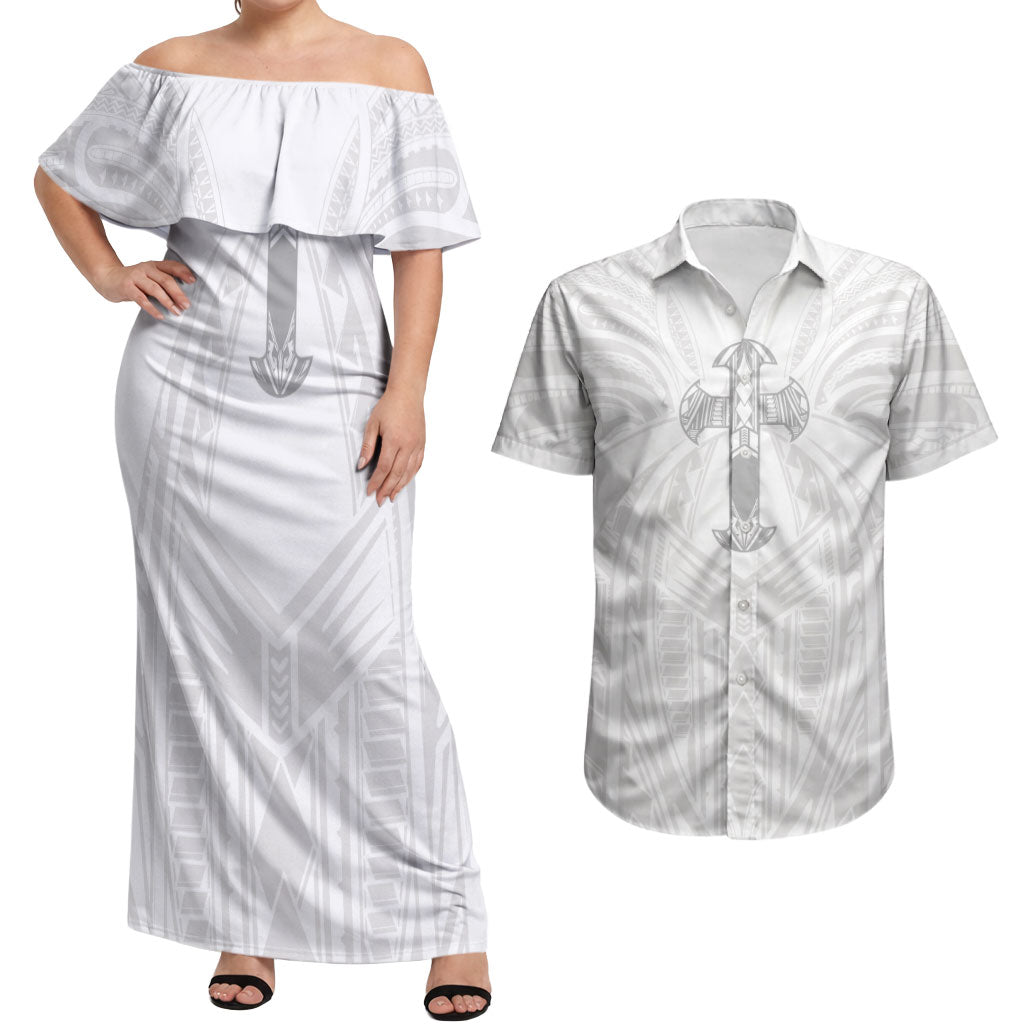 Samoa Christian Couples Matching Off Shoulder Maxi Dress and Hawaiian Shirt Rooted In Christ Polynesian Cross